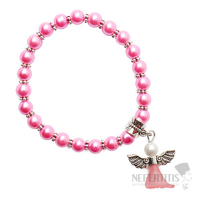 Dětský náramek z růžových skleněných perliček s andělíčkem