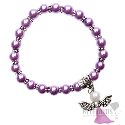 Children&#39;s bracelet made of purple glass beads with an angel