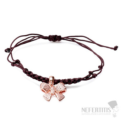 Bows cubic zirconia corded drawstring bracelet brown