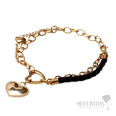 Stainless steel bracelet with hearts and leather 21 cm