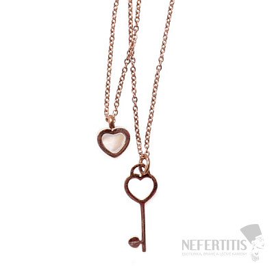 Náhrdelník dvojitý nerezová ocel Srdce s perletí a klíčkem 42 cm
