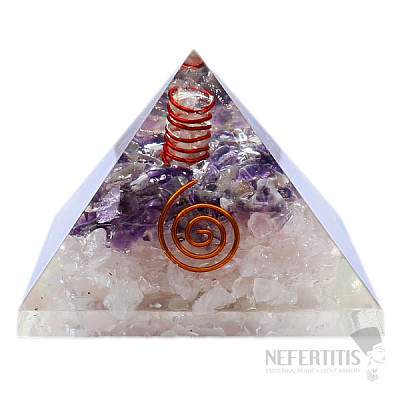 Orgonite pyramid of amethyst and rose petals with crystal crystal