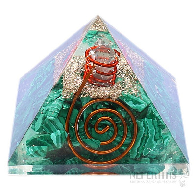 Orgonit pyramída s malachitom a kryštálom krištáľu