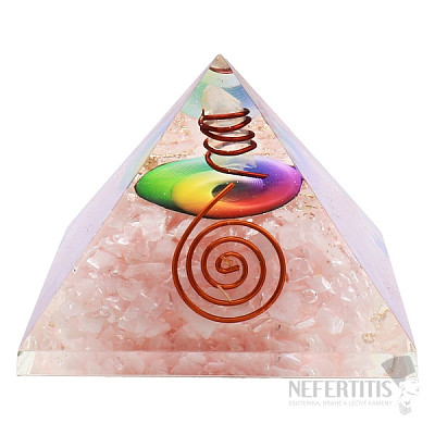 Orgonit pyramida s růženínem velká s křišťálem a symbolem čaker