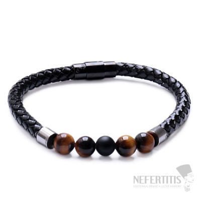 Bracelet men&#39;s black leather braided with tiger&#39;s eye and agate