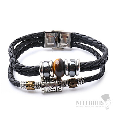 Armband herren aus schwarzem leder geflochten mit tigerauge und hämatit