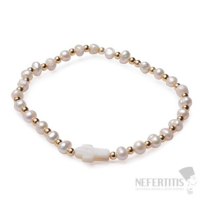 Dámsky perlový náramok z bielych perličiek s perleťovým krížikom