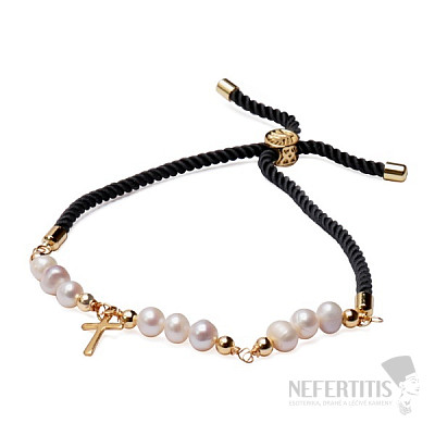 Pearls with cross cord drawstring bracelet black