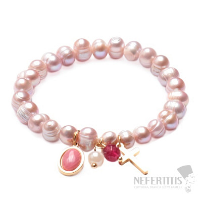 Pink pearl bracelet with stainless steel cross
