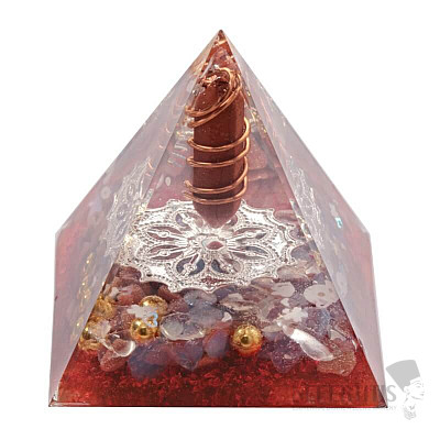Orgonitpyramide mit rotem Jaspis mit Kristall