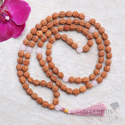 Japa Mala rudraksha necklace with rose quartz