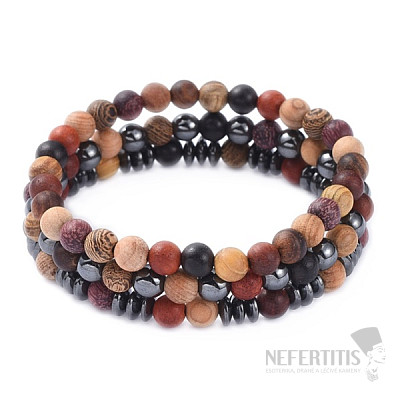 Set of three bracelets made of wooden beads and hematite beads