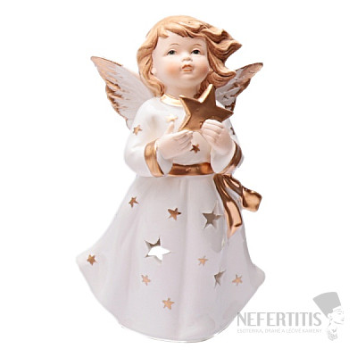 Kerzenhalter aus Porzellan für Teelichter Engel weiß mit Stern 22 cm