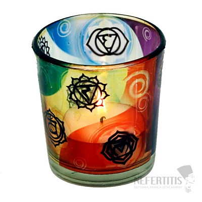 Kerzenhalter aus Glas mit Chakra-Symbolen für Tee- und Votivkerzen