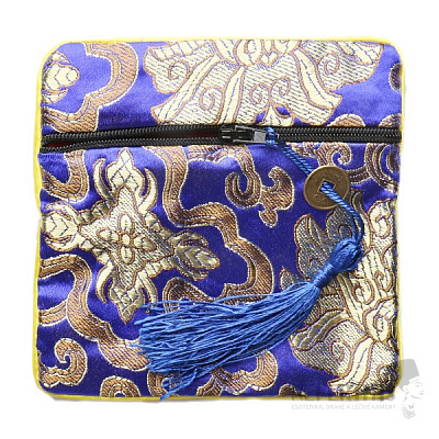 Brocade bag blue with zipper and coins for luck 12x12 cm