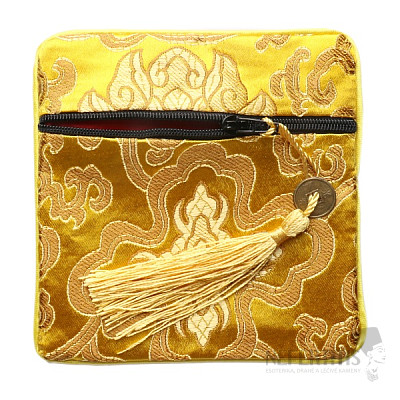 Brocade bag yellow with zipper and coins for luck 12x12 cm