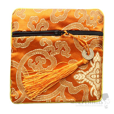 Brocade bag orange with zipper and coins for luck 12x12 cm
