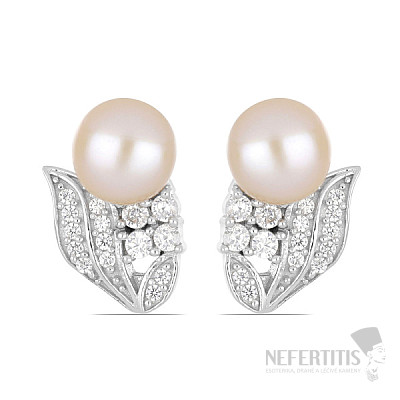 Silver earrings with pink pearl and zircons Ag 925 08428 PP