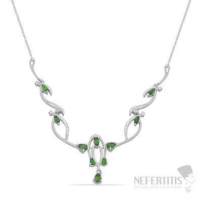 Silver necklace with polished chrome diopsides and zircons Ag 925 030029 DIO