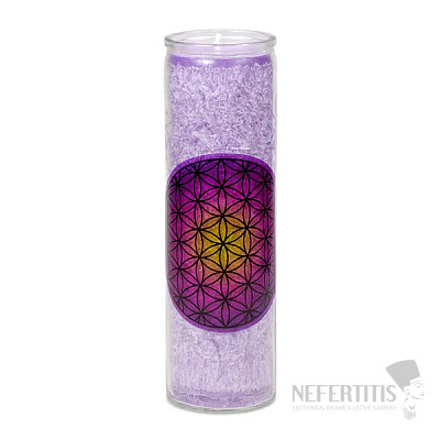 Duftkerze im Glas mit dem Duft von Lavendel, Mandarine und Vanille Blume des Lebens lila