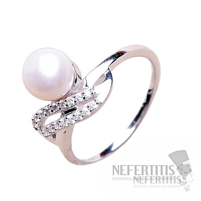 Prsteň strieborný s bielou perlou a zirkónmi Ag 925 017135 WP