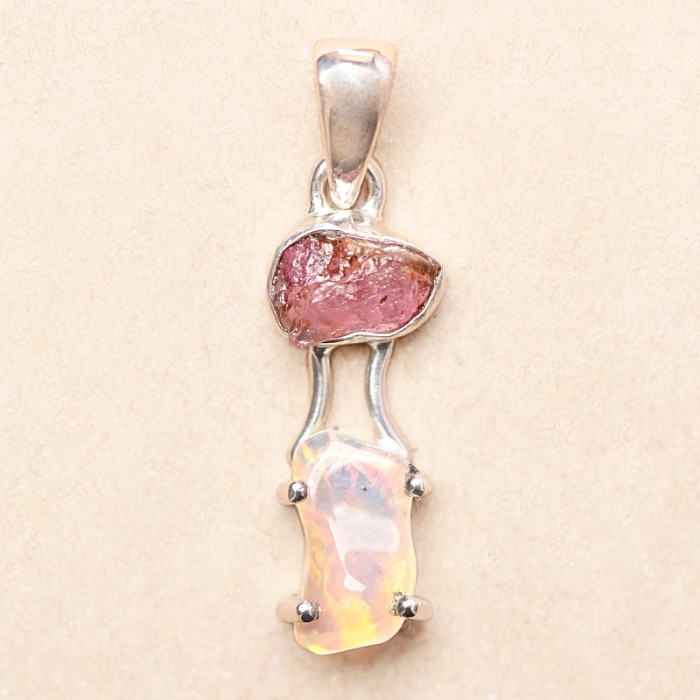 Opál etiopský a turmalín růžový přívěsek stříbro Ag 925 LOT10 - 2,1 cm, 1,9 g