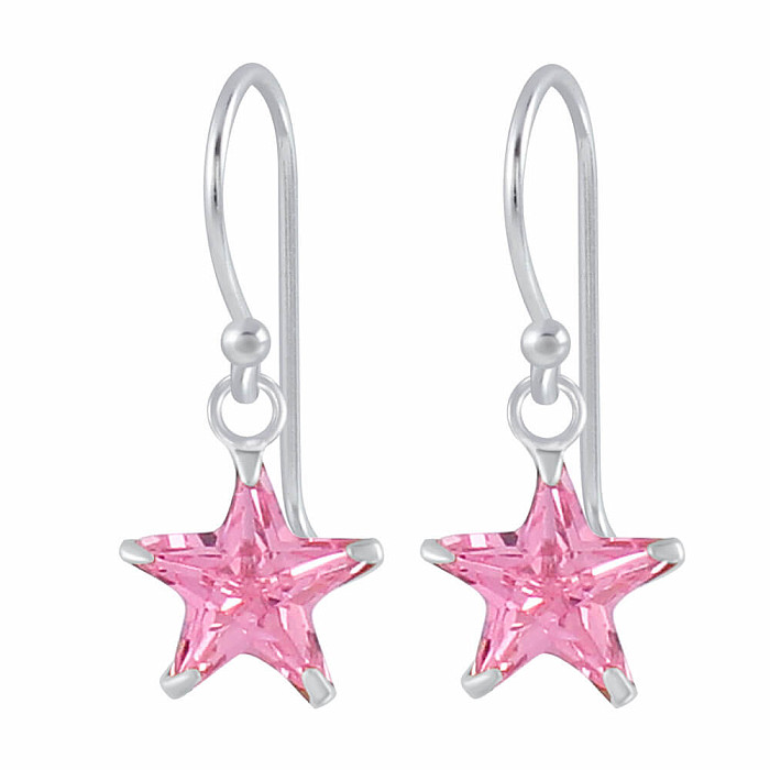 02108 Stříbrné visací náušnice 22 mm PINK STAR - 2,2 cm, 1,6 g