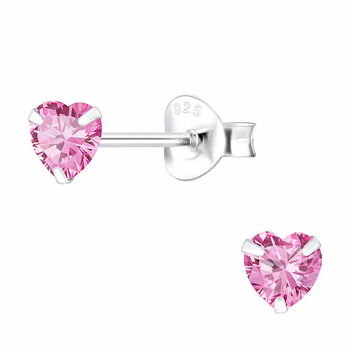 03691 Stříbrné náušnice pecky se zirkony 4mm PINK HEART - 4 mm, 0,5 g