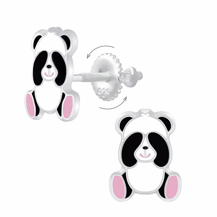 Stříbrné náušnice Medvídek Panda na šroubek - 6 x 8 mm 0,62 g