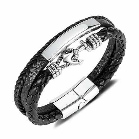 Pánský trojitý kožený náramek Ancora nerez ocel dekor - obvod cca 19,8 cm