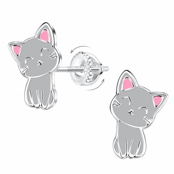 Stříbrné náušnice Šedá kočka na šroubek - 7 x 13 mm, 0,76 g