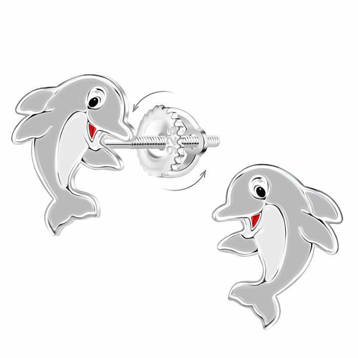 Stříbrné náušnice Hravý delfín na šroubek - 7 x 8 mm 0,66 g