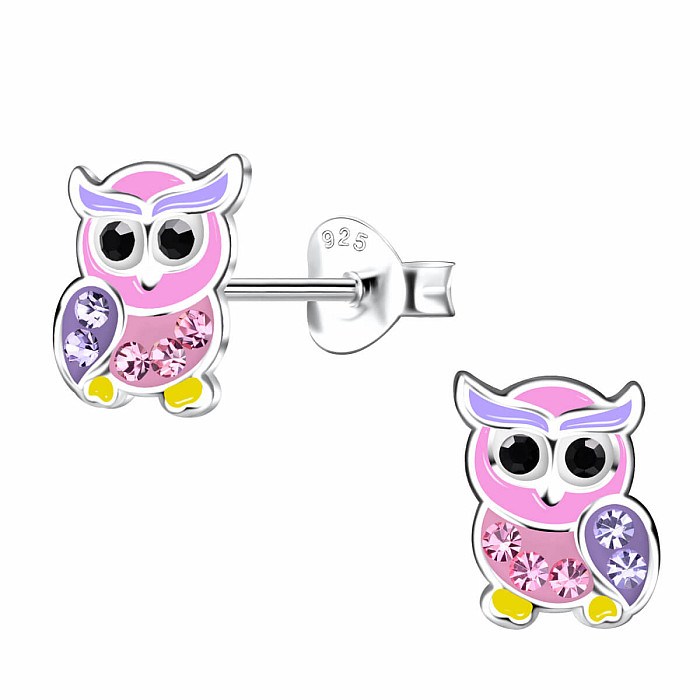 Stříbrné náušnice Růžová sova - 6 x 8 mm, 0,52 g