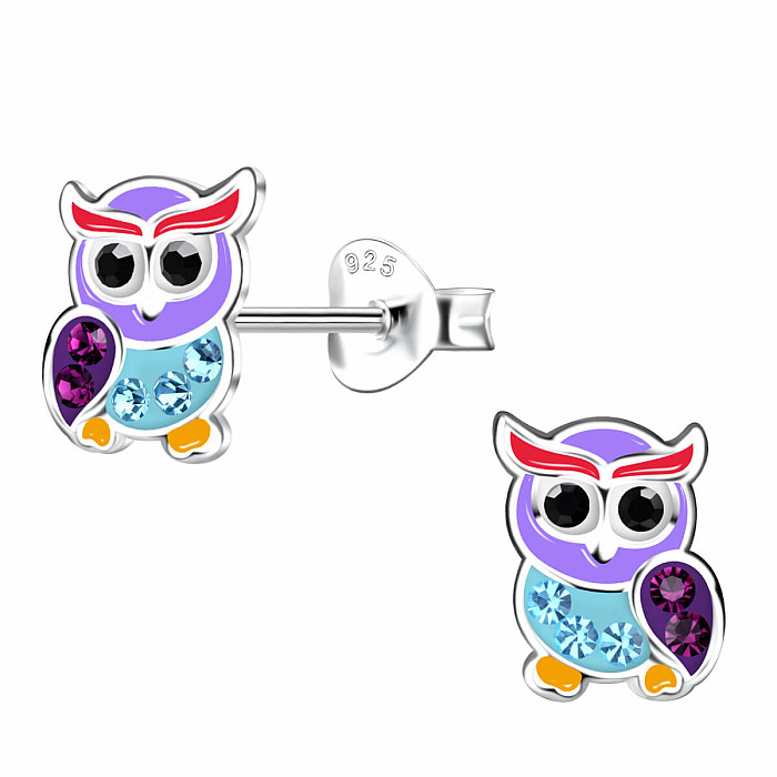 Stříbrné náušnice Modrá sova - 6 x 8 mm, 0,52 g