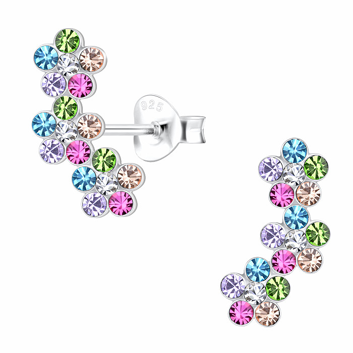 32889 Stříbrné náušnice pecky se zirkony BAREVNÉ KYTIČKY - 14 mm, 0,37 g