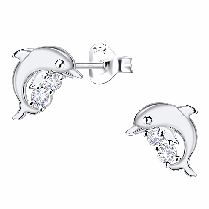 35298 Stříbrné náušnice pecky se zirkony Delfín - 10 mm, 1,04 g
