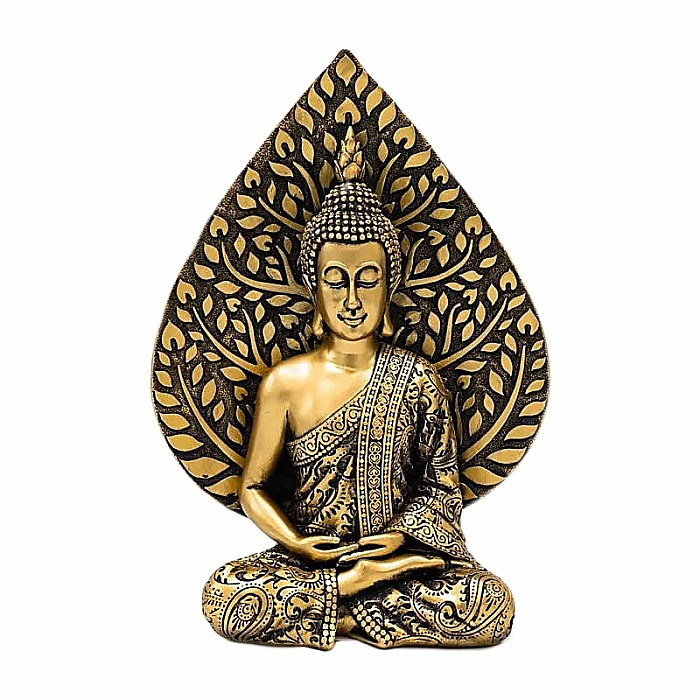Buddha meditující thajská soška s Bodhi listem - cca 10 x 17 x 24 cm
