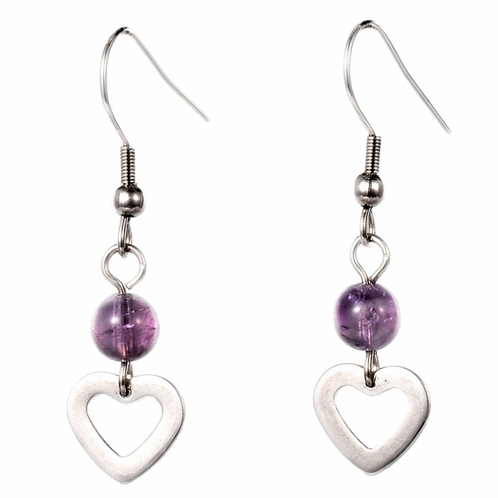 Ametyst náušnice nerezová ocel s korálky a srdíčky - délka cca 4,5 cm