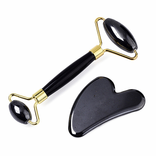 Sada masážního válečku a gua sha z hematitu tvar srdce - délka cca 14,3 cm a 8 cm