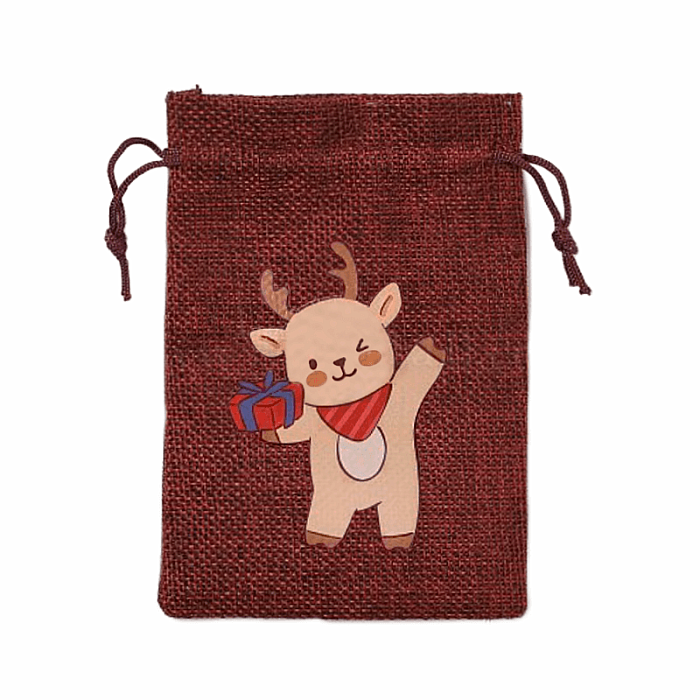 Sáček jutový Vánoční jelínek s dárkem - 10 x 14 cm