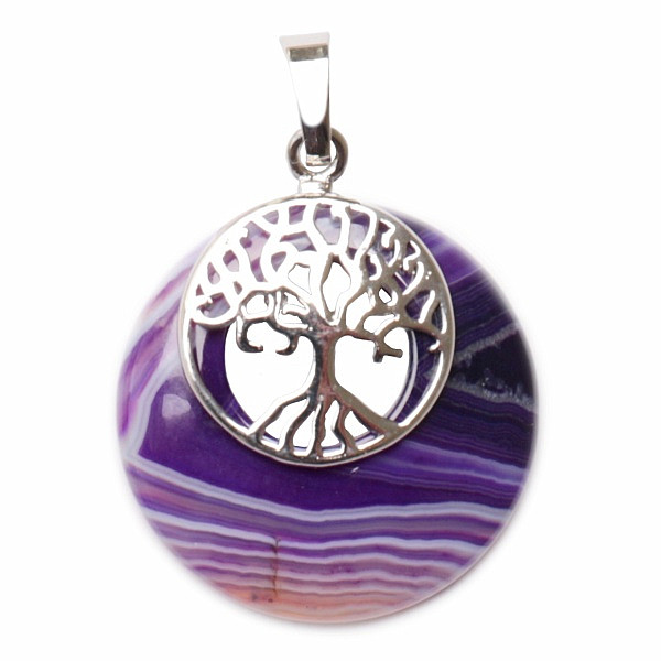 Levně Achát fialový přívěsek kruh se Stromem života - výška cca 3 cm