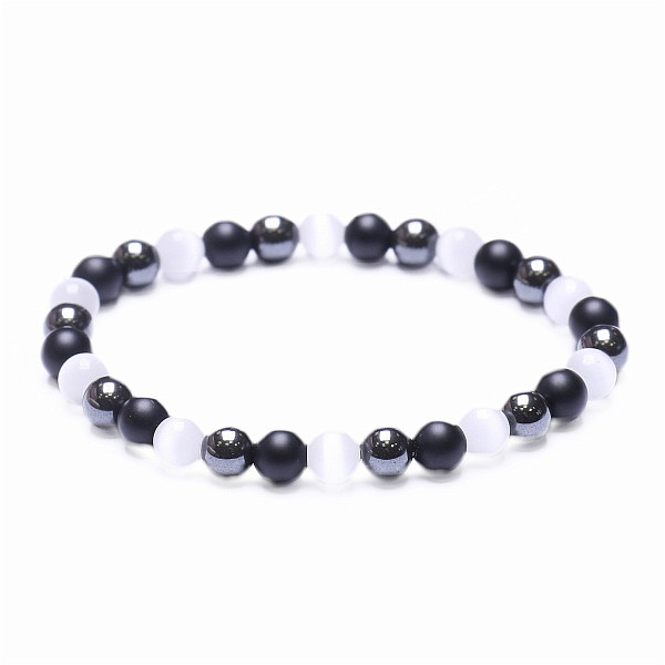 Hematit módní náramek s černým achátem a bílým ulexitem - obvod cca 16 až 21 cm