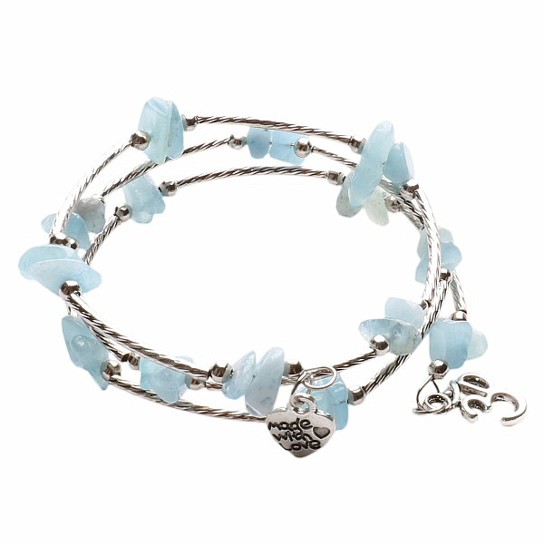 Akvamarín a ocel módní náramek trojitý - obvod cca 16 až 26 cm