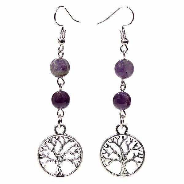 Ametyst a fluorit náušnice se stromem života - cca 6,5 cm