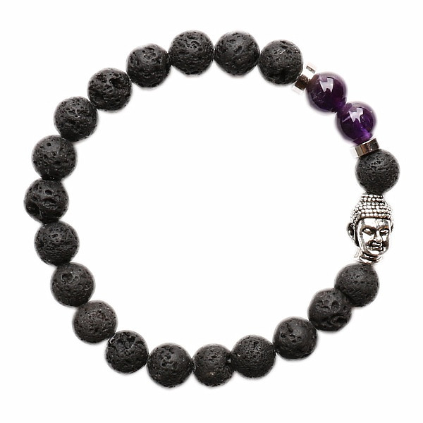 Levně Lávový kámen a ametyst náramek buddhistický z korálků - obvod 16 až 21 cm