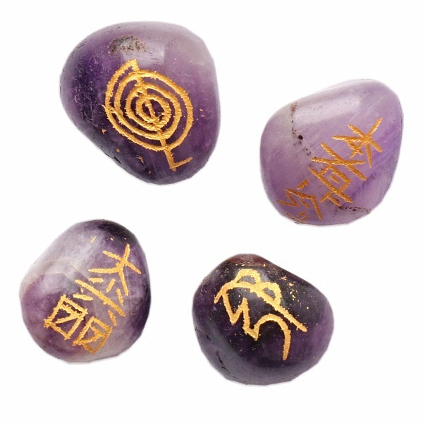 Levně Reiki sada kamenů ametyst se symboly Reiki - 4 x cca 2,2 až 2,8 cm