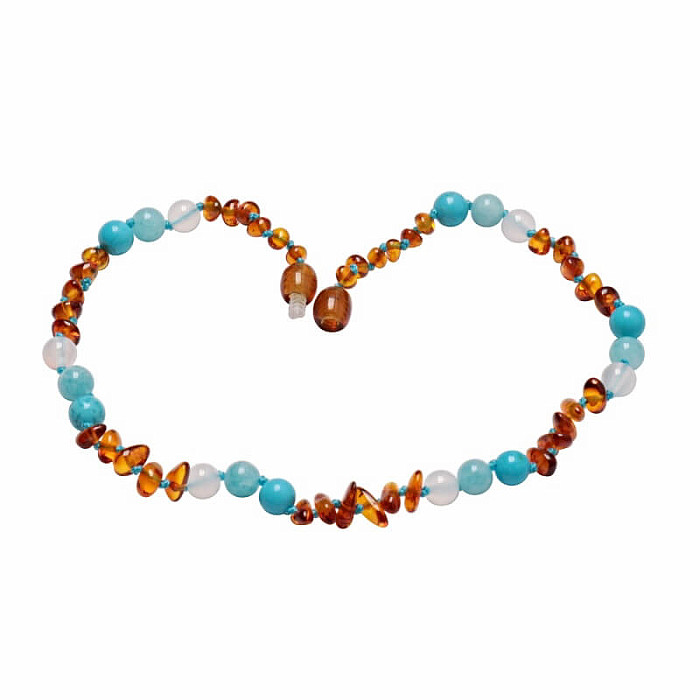 Jantarové korálky pro děti koňakové s tyrkysem, achátem a akvamarínem - cca 32 cm