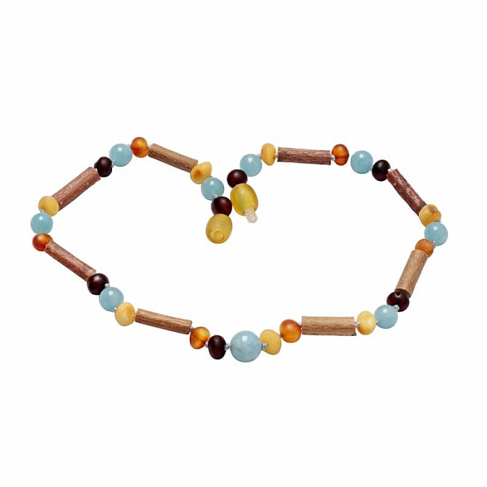 Jantarové korálky pro děti satinované multicolor s akvamarínem a lískovým dřevem - délka cca 32 cm
