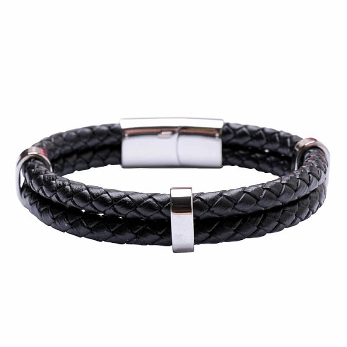 Levně Pánský černý kožený dvojitý náramek - obvod cca 21 cm