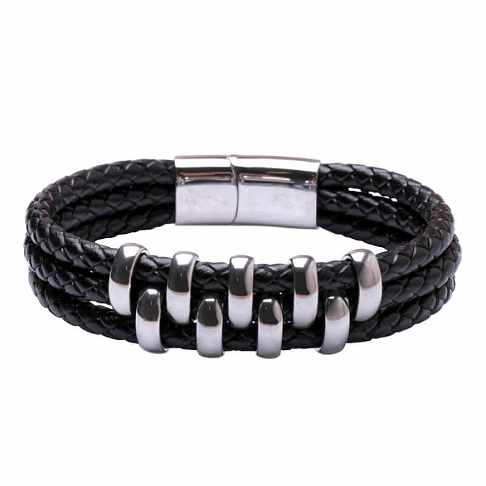 Levně Pánský černý kožený trojitý náramek barva stříbra - obvod cca 21,5 cm
